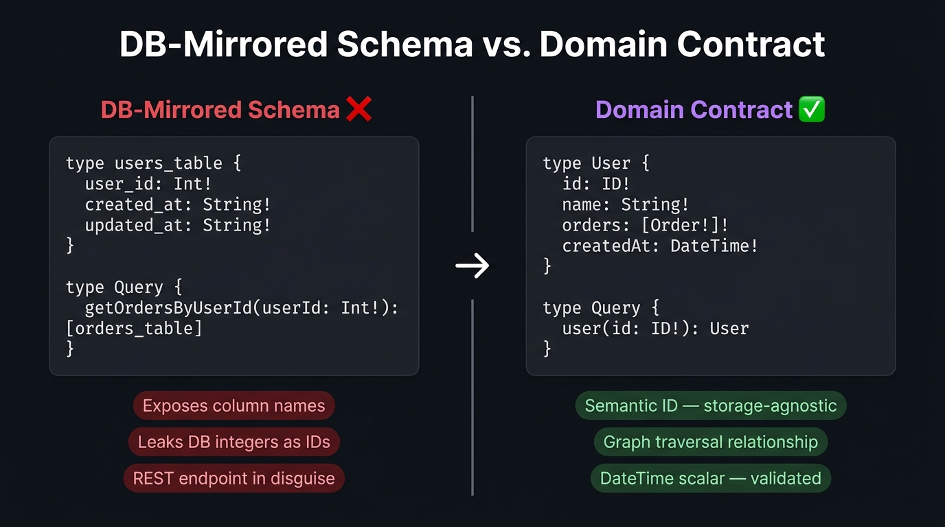 Before/After: database-mirrored schema vs. domain-contract schema showing the correct field design