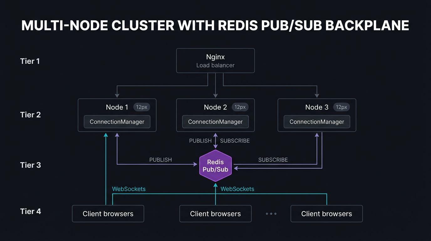 Multi-node cluster with Redis Pub/Sub: broadcasts from any Node instance fan out through Redis to reach all connected client sockets