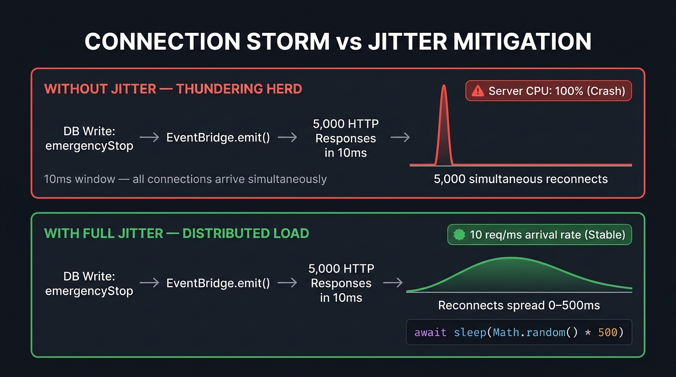 A broadcast event firing across 5,000 long-poll clients creates a thundering herd reconnection storm; client-side jitter distributes reconnections across a safe arrival window