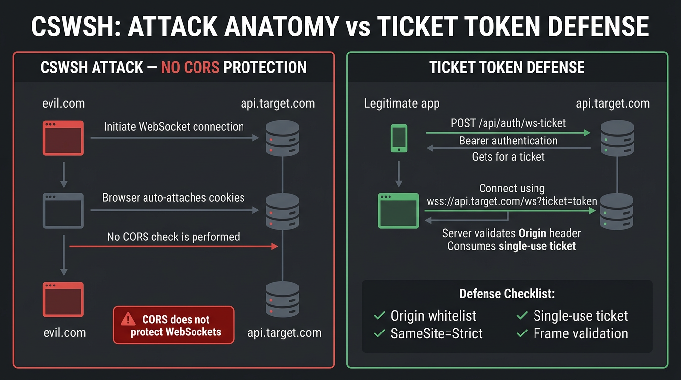 CSWSH attack anatomy exploits browser automatic cookie attachment to cross-origin WebSocket upgrades; cryptographic single-use ticket tokens and Origin validation neutralize the attack vector