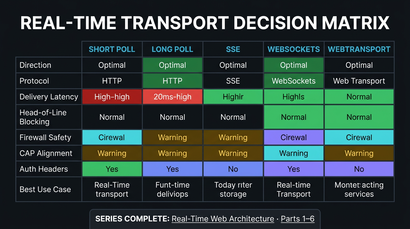 The definitive real-time transport decision matrix comparing Short Polling, Long Polling, SSE, WebSockets, and WebTransport across delivery latency, firewall safety, and CAP theorem alignment