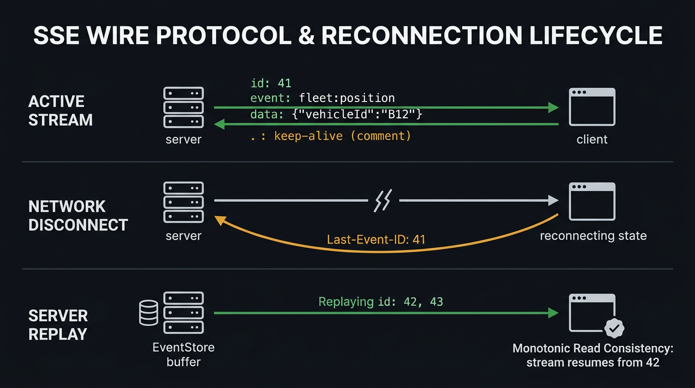 The SSE wire protocol uses plaintext id, event, data, and retry fields with comment heartbeats; Last-Event-ID guarantees Monotonic Read Consistency across reconnections