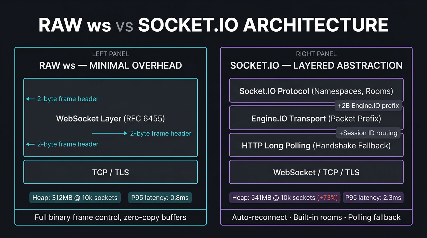 Raw ws uses a minimal 2-byte frame header with zero-copy binary buffers; Socket.IO wraps messages in an Engine.IO envelope costing 73% more heap memory at 10,000 sockets