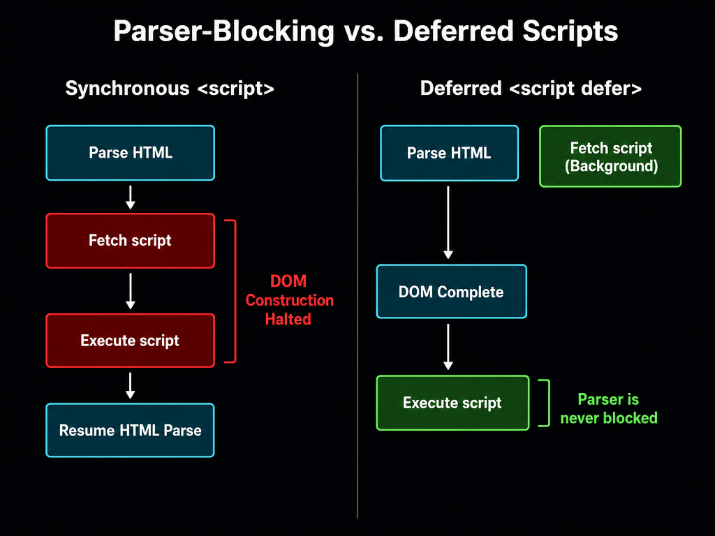 The HTML parser encountering a synchronous script blocks DOM construction until the script is executed, creating a render waterfall.