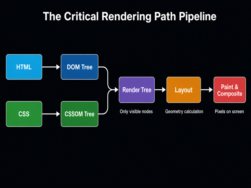 The Critical Rendering Path pipeline showing DOM and CSSOM merging into the Render Tree, followed by Layout, Paint, and Composite.