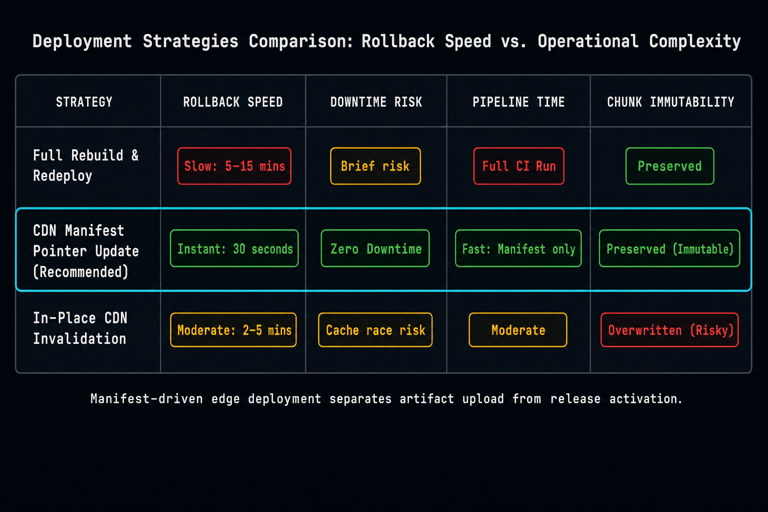 Comparison matrix of deployment strategies for micro-frontend remotes across five operational axes. Three rows for strategies: Full Rebuild and Redeploy, CDN Manifest Pointer Update, CDN Invalidation Only. Five columns: Rollback Speed, Downtime Risk, Pipeline Time, Chunk Immutability, Operational Complexity. Full Rebuild: Rollback Speed — red (5-15 min), Downtime Risk — amber (brief during deploy), Pipeline Time — red (full CI run), Chunk Immutability — green (each deploy is a new artifact), Complexity — green (simple). CDN Manifest Update (recommended): Rollback Speed — green (30 sec), Downtime Risk — green (zero downtime), Pipeline Time — green (only manifest update), Chunk Immutability — green (versioned chunks never deleted), Complexity — amber (requires manifest architecture). CDN Invalidation Only: Rollback Speed — amber (2-5 min CDN propagation), Downtime Risk — amber (stale cache during propagation window), Pipeline Time — amber (rebuild not required, but invalidation required), Chunk Immutability — red (overwrites chunks in place), Complexity — green (simple). A 'Recommended' badge on CDN Manifest Update row. Caption: 'Manifest-driven deployment is the only strategy that achieves sub-minute rollback without either downtime or overwriting immutable artifacts.'