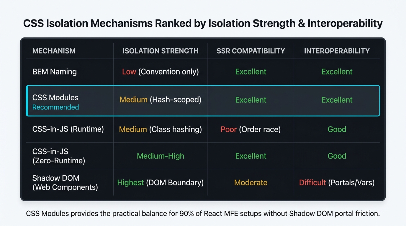 Comparison matrix showing CSS isolation mechanisms for micro-frontends ranked across four axes. Five rows for each mechanism: BEM Naming, CSS Modules, CSS-in-JS (Runtime), CSS-in-JS (Zero-Runtime), Shadow DOM. Four columns: Isolation Strength, SSR Compatibility, Interoperability, Implementation Cost. BEM: Low/Low isolation (red), Good SSR (green), Good interop (green), Low cost (green). CSS Modules: Medium isolation (amber) — hash-based classnames, Good SSR (green), Good interop (green), Low cost (green). CSS-in-JS Runtime: Medium isolation (amber), Poor SSR (red) — style injection order non-deterministic, Good interop (green), Medium cost (amber). CSS-in-JS Zero-Runtime (Linaria, vanilla-extract): Medium-High isolation (amber), Good SSR (green), Good interop (green), Medium cost (amber). Shadow DOM: Highest isolation (green), Good SSR with Declarative Shadow DOM (amber), Poor interop (red) — CSS vars must be explicit, High cost (red). A 'Recommended for most MFE teams' badge highlights CSS Modules row. Caption: 'Isolation strength and interoperability trade off inversely — Shadow DOM provides the strongest isolation but requires explicit CSS custom property threading for design tokens.'