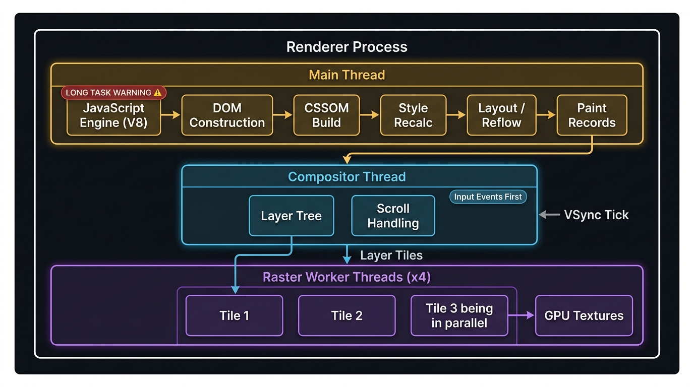 Renderer Threads: Main Thread, Compositor, and Raster Workers