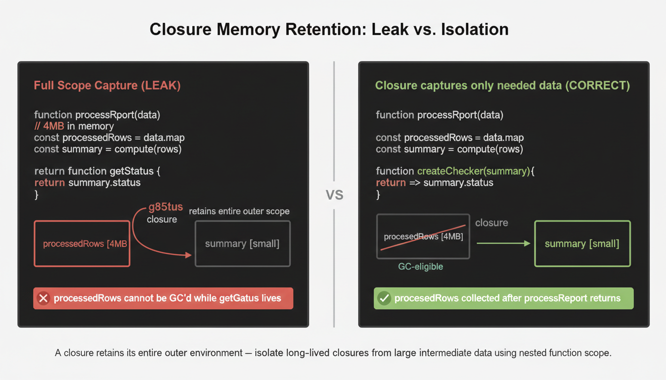Before/After split diagram illustrating closure memory retention. Left panel labeled 'Closure captures full outer scope (LEAK)' with red border. A function box 'processReport' shows two variables in its environment record: 'processedRows: ReportData[] (4 MB)' in red and 'summary: { status }' in dim. An arrow labeled 'getStatus closure' points outward from processReport. Both variables have solid arrows pointing to them from the closure, annotated 'Retained indefinitely — GC cannot collect processedRows'. Right panel labeled 'Scope-isolated closure (CORRECT)' with green border. A separate function box 'createStatusChecker(summary)' shows only 'summary: { status }' in its environment record. The 'getStatus closure' arrow points only to summary. A strikethrough box for processedRows annotated 'GC-eligible after processReport returns — not referenced by any closure'. Footer note in amber: 'A closure retains its entire outer lexical environment, not just the variables it accesses — isolate large data before creating long-lived closures'.